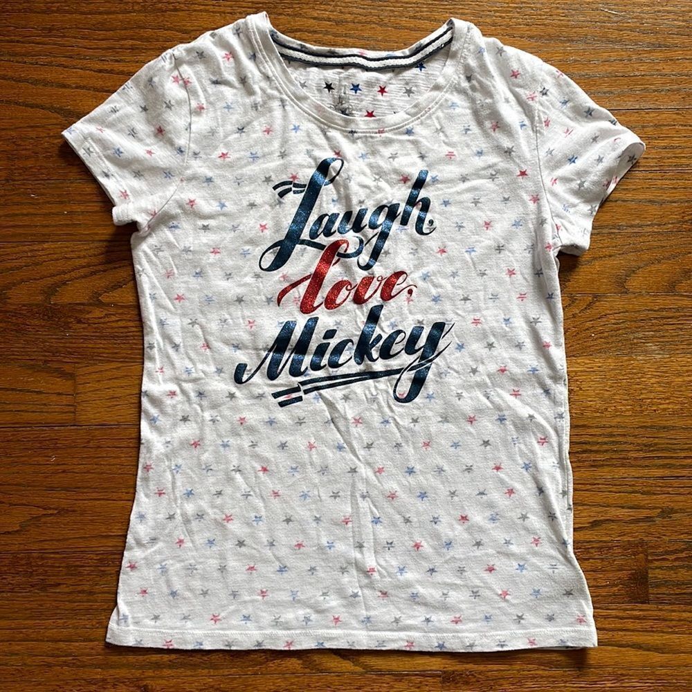 Disney Parks “Laugh, Love, Mickey” Red, White and Blue Star Short Sleeve Tee